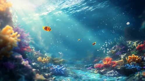 Sunlit coral garden where tiny tropical fish wander slowly.