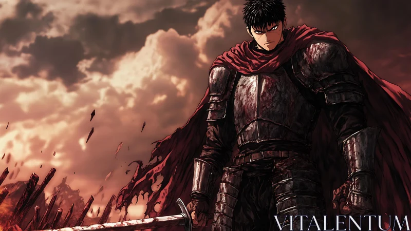 Armored swordsman under storm sky on burning battlefield.