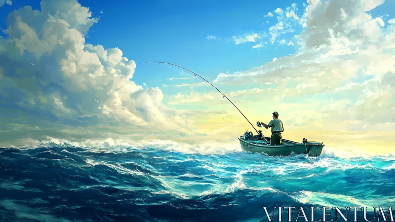 Lone angler on sunlit ocean swells under vast clouds.