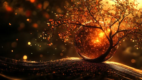 Celestial ember tree cradling a glowing autumn cosmos.