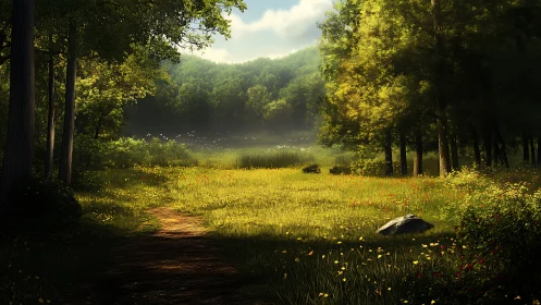 Sunlit forest clearing with meadow, water body visible through trees.