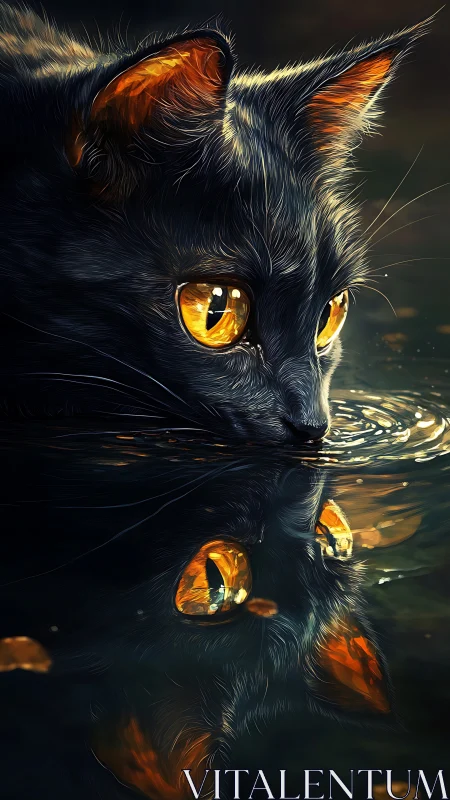 Black Cat with Luminous Golden Eyes Reflected in Dark Water