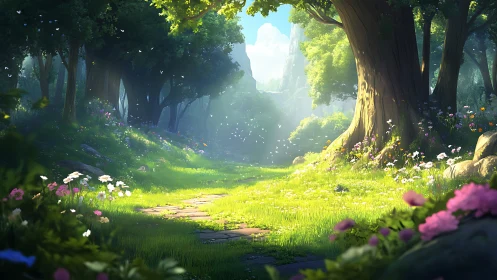 Enchanted Forest Glade Bathed in Golden Sunlight.