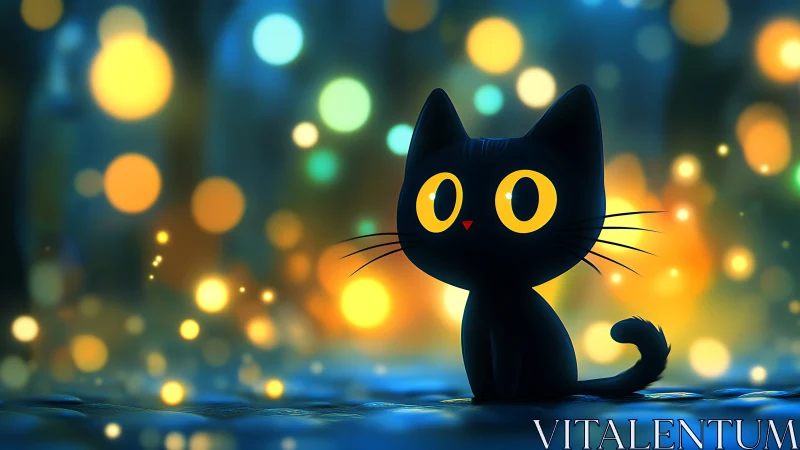 Black cat silhouette with glowing yellow eyes amid bokeh background