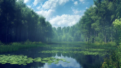 Serene forest lake framed by tall trees beneath blue sky