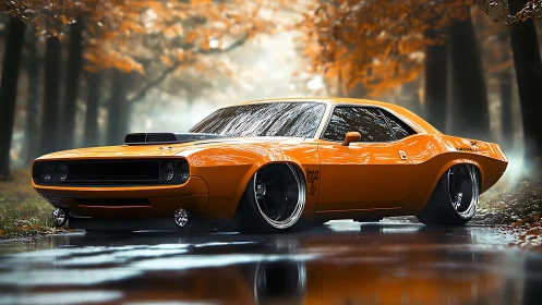 Sunset-orange muscle car prowls through a misty autumn lane