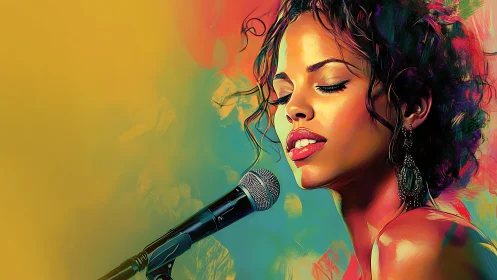 Singer holds microphone against vivid abstract background