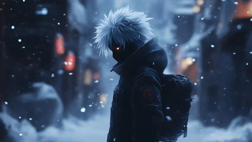 Snowbound cyber-ninja drifts through neon-flecked silence.