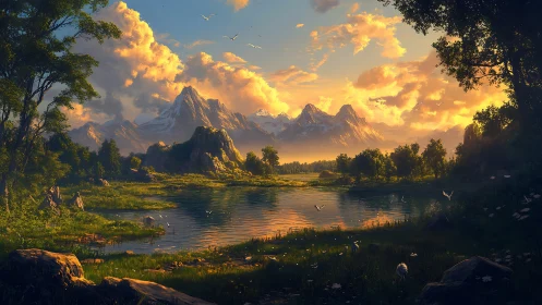 Sunlit mountain lake valley under glowing evening sky.