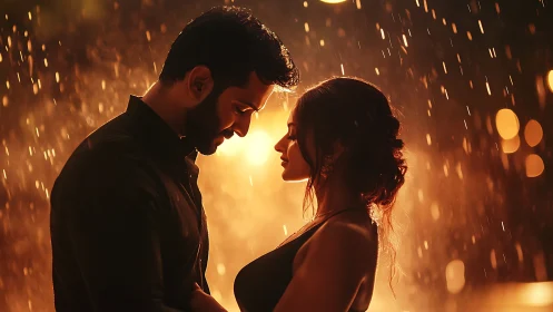 Warm Silhouettes Framed in Golden Rain: Intimate Couple Portrait Photography