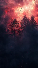 Crimson Dusk Over Burning Forest Silhouettes.