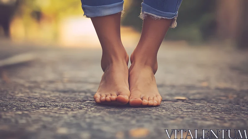 Bare feet on outdoor path in soft sunlight, casual and relaxed style.