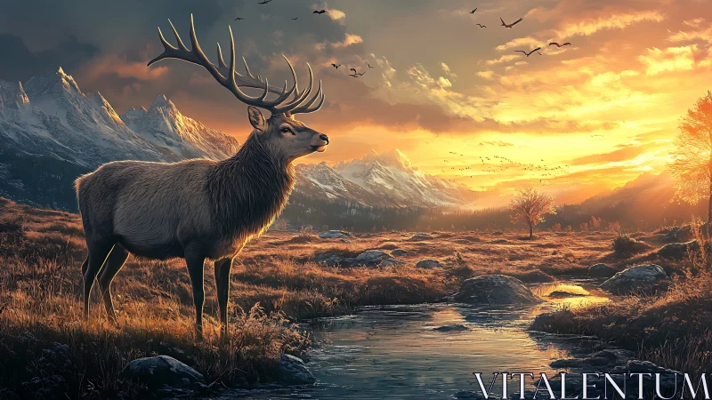 Digital painting of stag in alpine valley at golden hour sunlight.