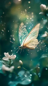 Bioluminescent micro-detail butterfly hovering in teal bokeh field.