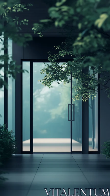 Glass threshold where quiet foliage frames a misty horizon.