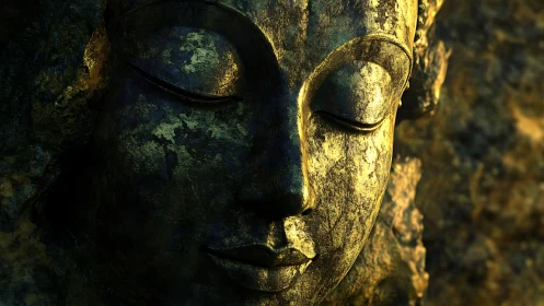 Weathered golden Buddha face sculpture under low warm light
