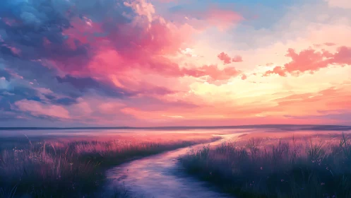 Winding river kisses a cotton candy twilight sky at dusk.