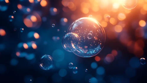 Floating translucent bubbles against blue and orange bokeh.
