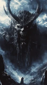 Colossal horned shadow entity above lone cloaked figure.