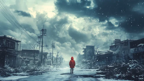 Lone crimson wanderer crossing a frozen ruined cityscape.