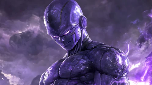 Purple armored humanoid figure stands against stormy cloud backdrop