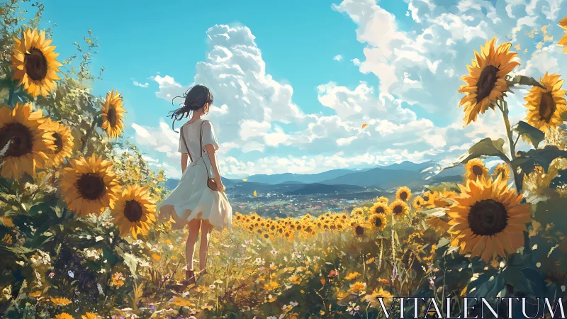 Girl in white dress standing in expansive sunflower field.