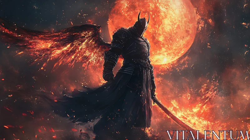 Blade-winged fallen knight before the burning blood moon.