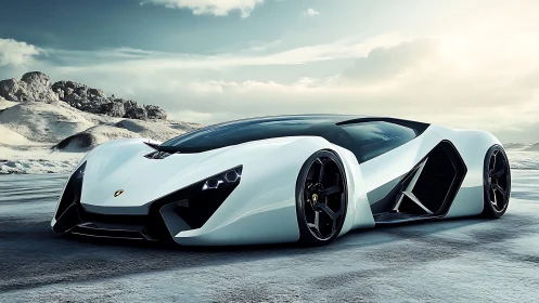 Futuristic white supercar poised on icy mountain flats.