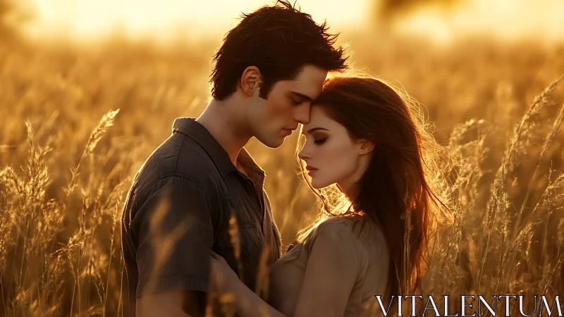 Couple in grain field at golden hour.