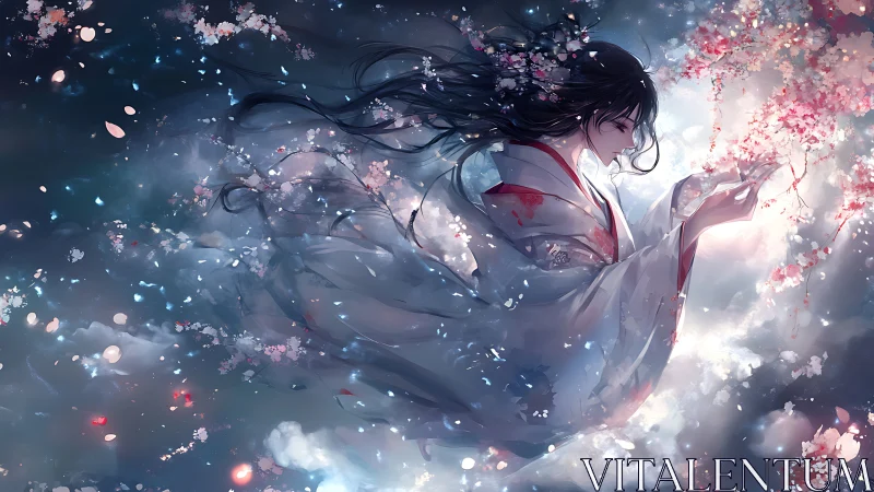 Ethereal anime shrine maiden amid drifting sakura petals