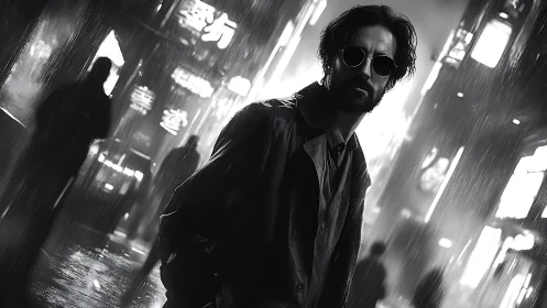 Brooding loner walks through neon city streets in rain-soaked noir