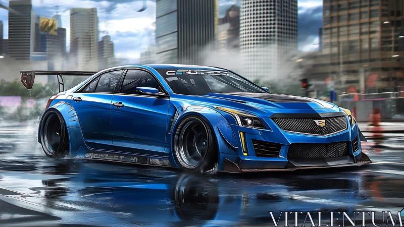 Midnight blue street racer slicing through city drizzle.