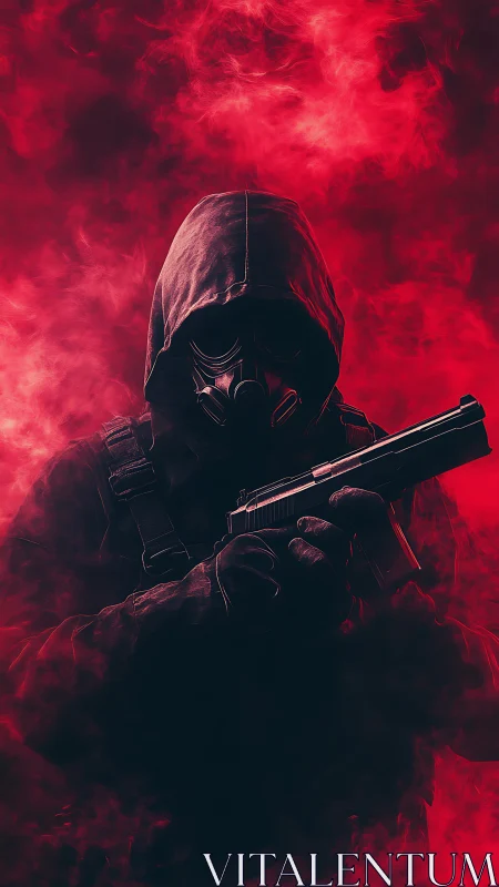 Hooded gunman in gas mask emerges from dense red vapor