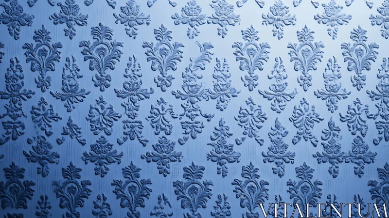 Embossed blue damask wallpaper with repeating floral motif.