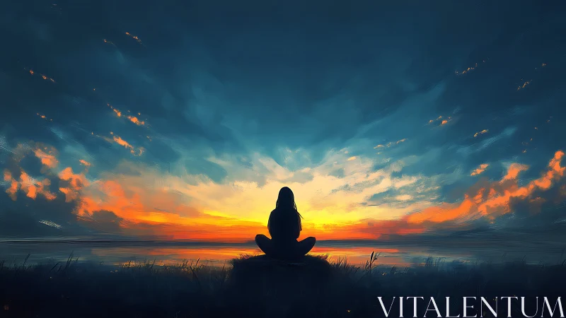 Silhouette observer in chromatic twilight sky composition.