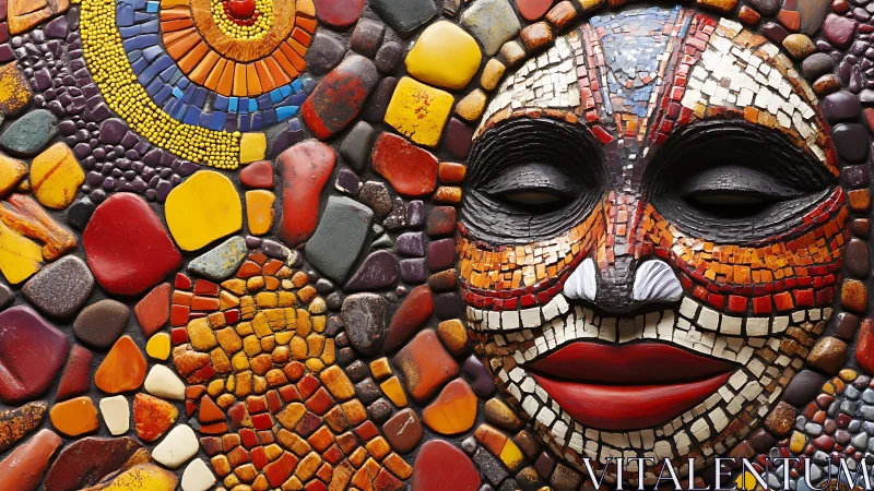 Mosaic portrait mask integrates tessellated stones and tiles