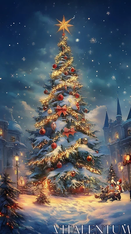 Starlit town square Christmas tree crowned in golden glow.