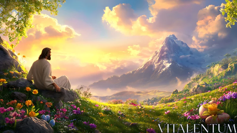 Figure in white seated in floral valley before sunlit peak.