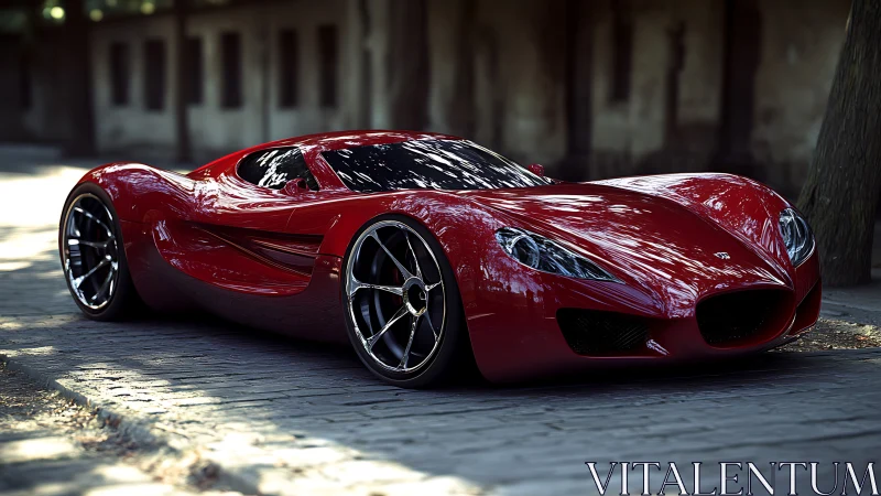 Scarlet hypercar poised on cobblestone street at dusk.