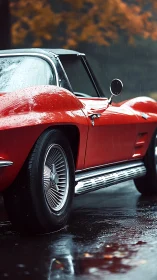 Scarlet classic coupe shimmering through autumn rainstorm.