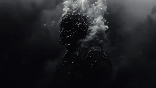 Smoke-shrouded tactical figure in minimal light portrait.