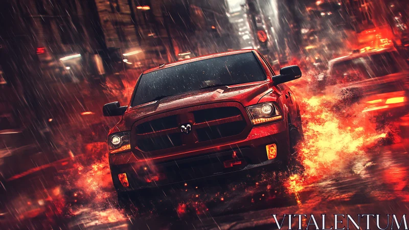 Red pickup truck charges through rainy neon city streets