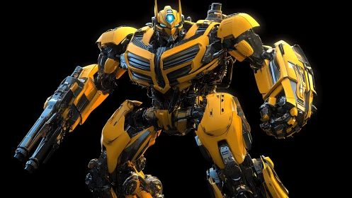 Armored yellow combat mech poised in dramatic spotlight.