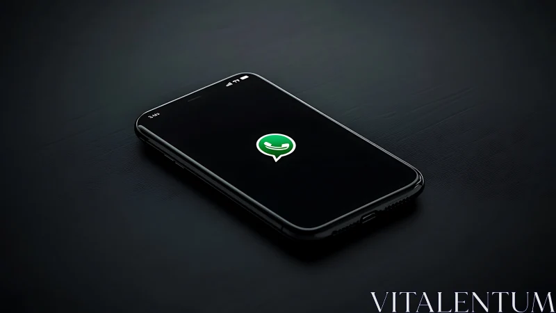 Black smartphone displays WhatsApp with glowing green icon.