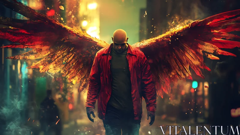 Winged figure walks alone through burning neon city street