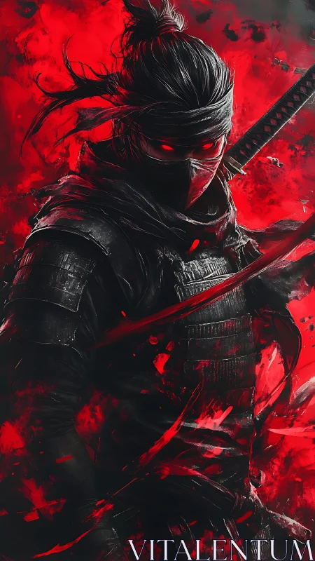 Crimson-eyed ninja warrior amid raging scarlet storm.