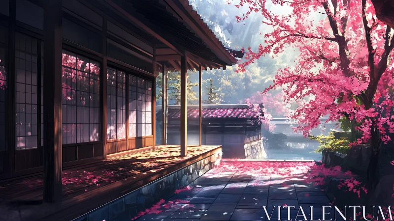 Traditional wooden veranda beside blooming cherry trees.