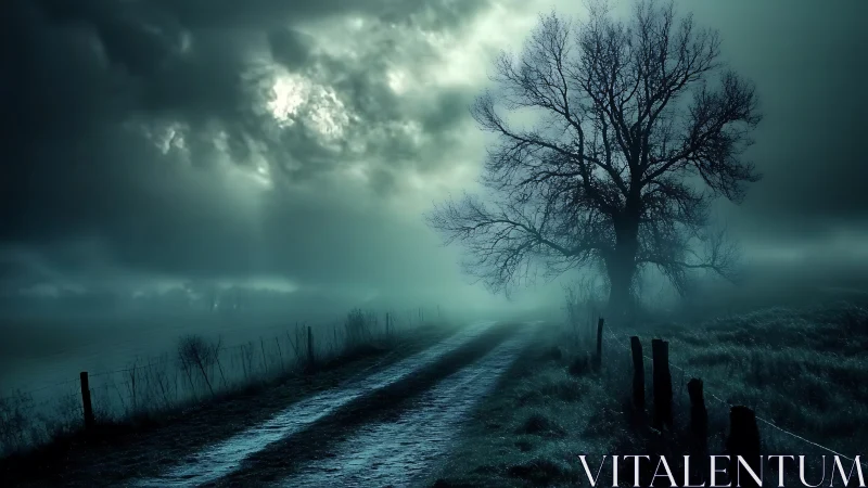 Misty country lane under moody clouds and a lone tree.