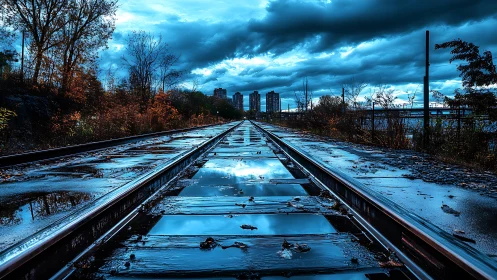 Rain-soaked rails slicing toward a storm-lit city horizon.