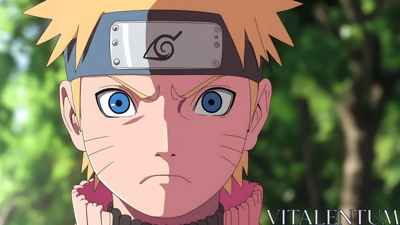 Blond anime ninja boy with metal headband outdoors.